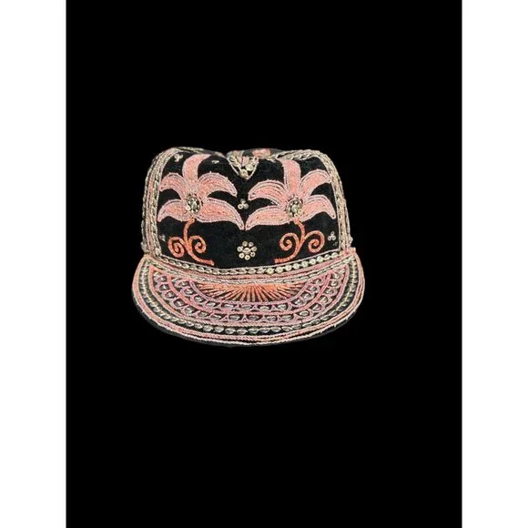 Handcrafted Black & Pink Floral Embroidered Cap Made In Burma With Intricate Bea - Picture 3 of 5